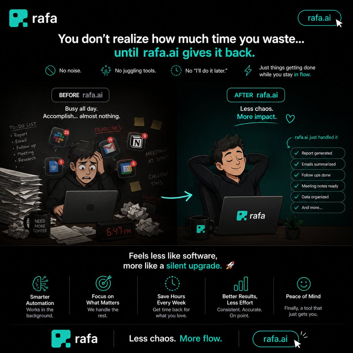 sushlas51668's tweet image. You don’t realize how much time you waste… until
@RAFA_AI gives it back. No noise. No juggling tools. No “I’ll do it later.” Just things getting done while you stay in flow. Feels less like software, more like a silent upgrade.  #rafaai #AI #Productivity #WorkSmarter