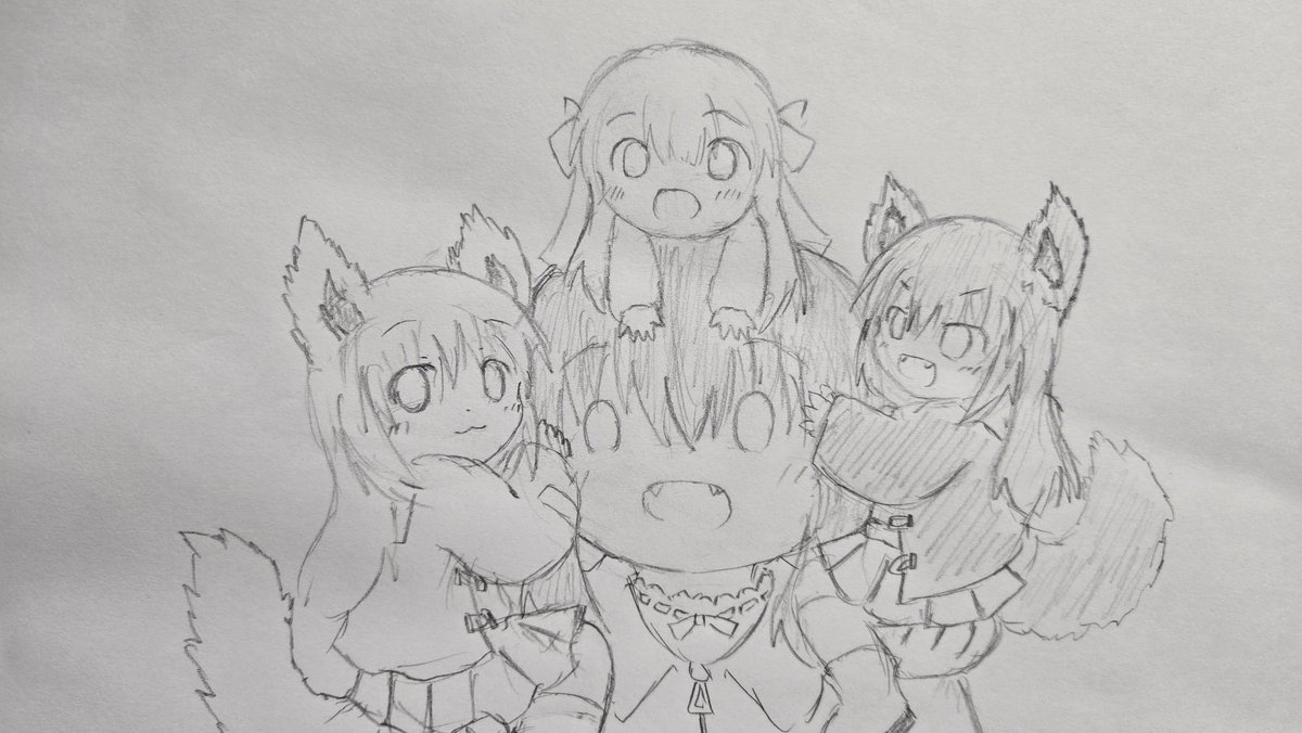 #葵ちゃん絵日記
2025年3月21日晴れ
ご主人のおうちにはちっちゃいドールさんがたくさんおったで！
一番最初にお出迎えしてくれたんは真っ白な子と狐耳の二人。
白い子はましろちゃん、茶色の狐ちゃんはもみじちゃん、白い狐ちゃんはさくらちゃんなんやって。