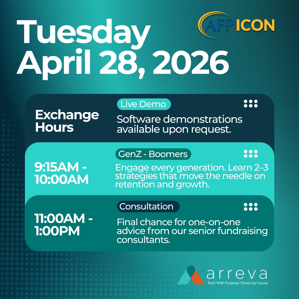 ARREVA's tweet photo. It’s the final day of AFP ICON, and this is your last chance to connect at Booth 433! We’re offering free, personalized event consultations and live sessions at our booth.

Stop by Booth 433—we’d love to meet you and share what’s working.
#AFPICON #AFPICON2026 #NPTech #Arreva https://t.co/wJoC91IQH7