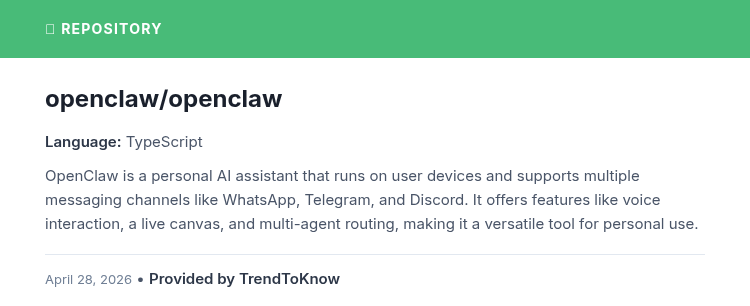 aitrendings's tweet image. openclaw/openclaw

💻 TypeScript

#AIAssistant #TypeScript #OpenSource #VoiceInteraction

🔗 github.com/openclaw/openc…