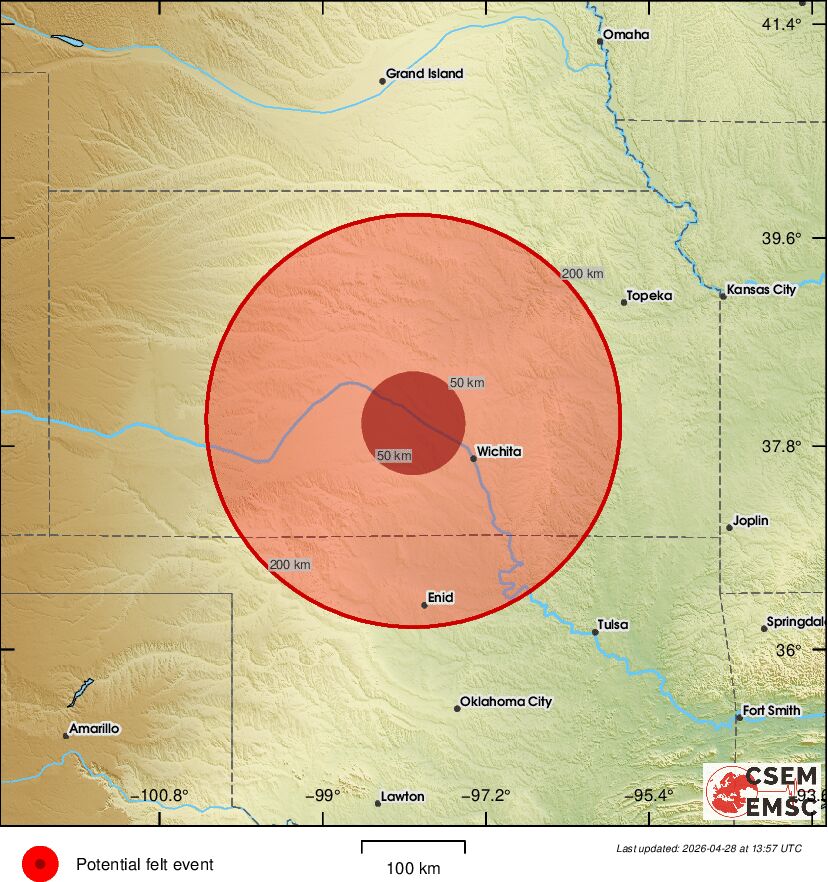 LastQuake's tweet image. #Earthquake (#sismo) possibly felt 14 sec ago in #Kansas. Felt it? Tell us via:
📱m.emsc.eu/#app
🌐m.emsc.eu
🖥emsc-csem.org
⚠ Automatic crowdsourced detection, not seismically verified yet. More info soon!