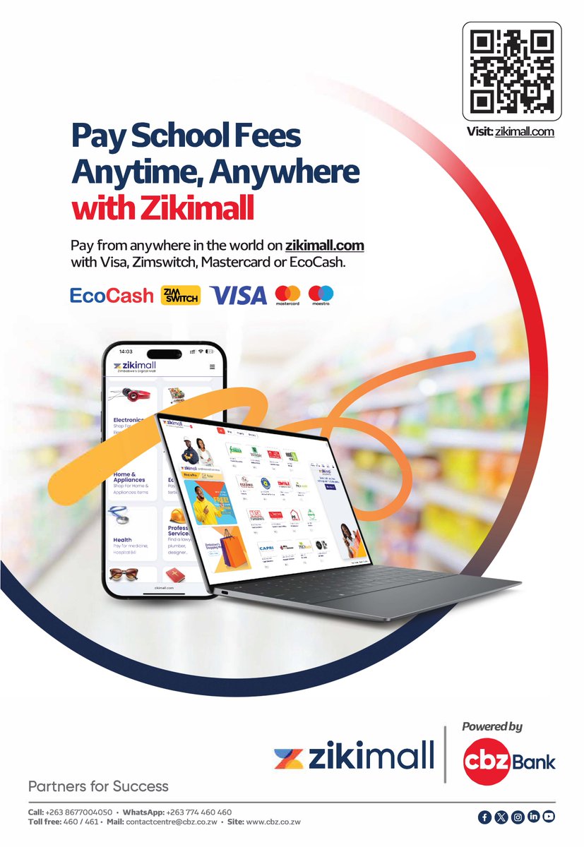 DailyNewsZim's tweet image. Between work, family and daily commitments, convenience matters. Pay school fees easily through ZikiMall, anytime, from anywhere, using your preferred payment method. 
Visit zikimall.com today. 

#DigitalMarketplace #PayOnline #PartnersForSuccess
@CBZHoldings