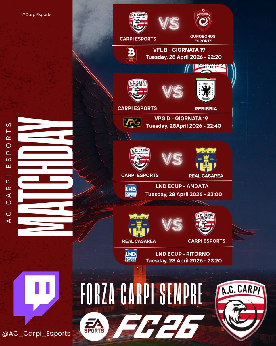 Carpi_Esports's tweet photo. 🔴MATCHDAY⚪

🏆 @VFL_Italy B – G19 (22:20)  
Carpi Esports 🆚 @ouresports  

🏆 @VPGItaly D – G19 (22:40)  
Carpi Esports 🆚 @Rebibbia_esport  

🏆 @LNDEsport1 eCup – Andata (23:00)  
Carpi Esports 🆚 @RealCasarea  

🏆 LND eCup – Ritorno (23:20)  
Real Casarea 🆚 Carpi Esports https://t.co/HtG04Wyo91