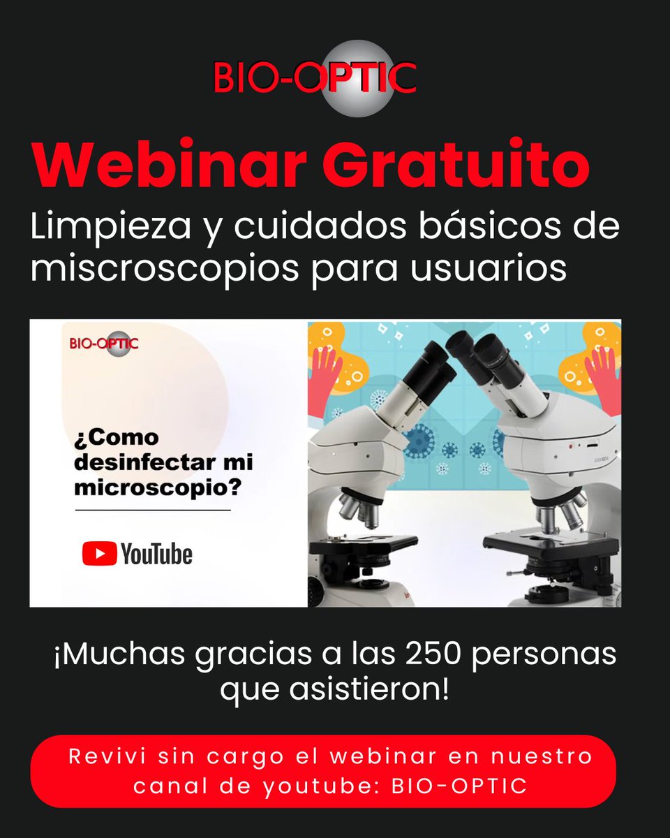 ¿Te perdiste nuestro Webinar? La clave para prolongar la vida de tu microscopio ya está online.  
Ya subimos la sesión completa a nuestro canal de YouTube para que la veas cuando quieras, sin cargo: 
youtube.com/watch?v=F6EWXH…   
Muchas gracias, ¡Más de 250 personas nos acompañaron!