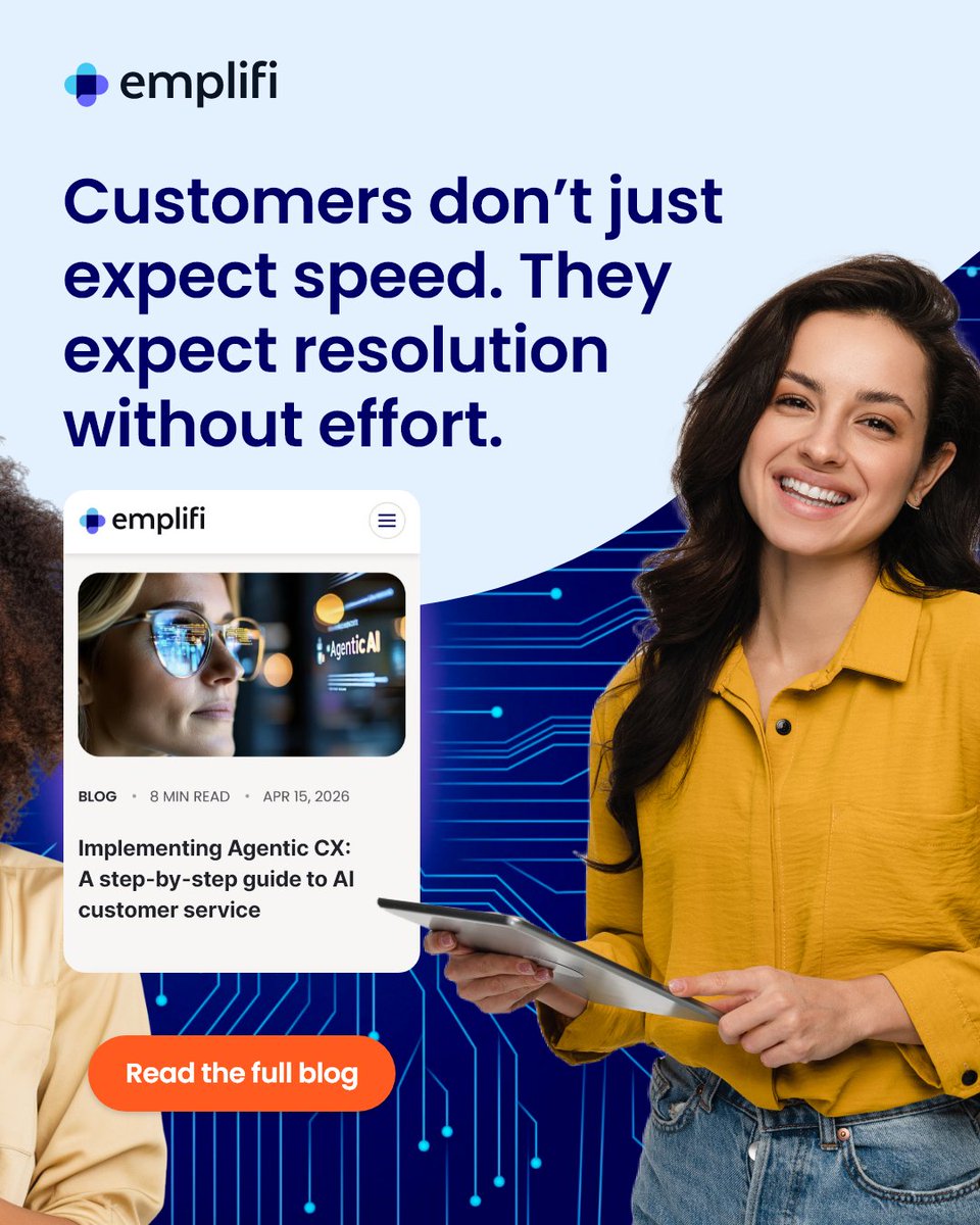 emplifi_io's tweet photo. AI in customer service has traditionally been about speed.

But speed alone isn’t what customers expect anymore, they expect resolution, with minimal effort. That’s where Agentic CX comes in.

Instead of just responding to queries, AI can now take action, resolving issues in real time, triggering workflows, and reducing the back-and-forth for customers.

In our latest guide, we break down:

🔹What Agentic CX actually is (and why it matters now)
🔹How to roll it out safely, starting with the right use cases
🔹How leading teams are moving from reactive support to proactive service
🔹How AI can support, not replace, human agents

If you’re thinking about AI in CX, this is the shift worth understanding.

Read the full blog 👇
https://t.co/rYDcbdYz2E

#CustomerExperience #AI #CustomerService #DigitalTransformation  #MarketingTechnology