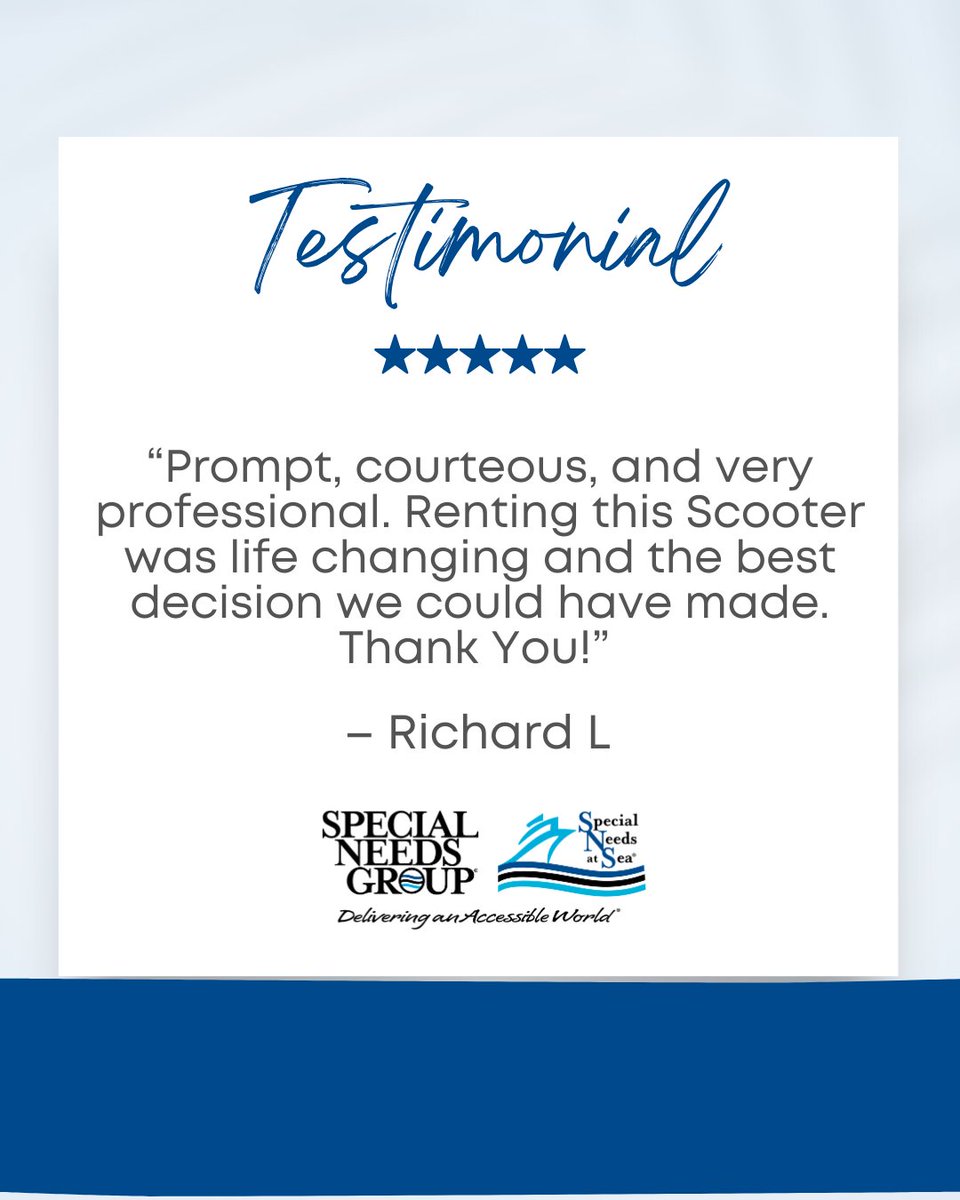 SpeclNeedsAtSea's tweet image. Renting mobility equipment with Special Needs Group makes cruising easier and more comfortable, so you can focus on the fun. 💙

#testimonialtuesday #accessibletravel #specialneedsgroup #cruisewithease