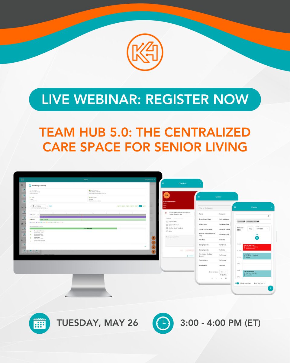 K4Connect's tweet image. Join us on May 26 from 3–4 PM ET for an inside look at Team Hub 5.0, the next evolution in how communities operate.

👉 Register for the webinar: bit.ly/4w2odZZ

#SeniorLiving #AgeTech #IPAAS #CareForce #FusionOS #Integration