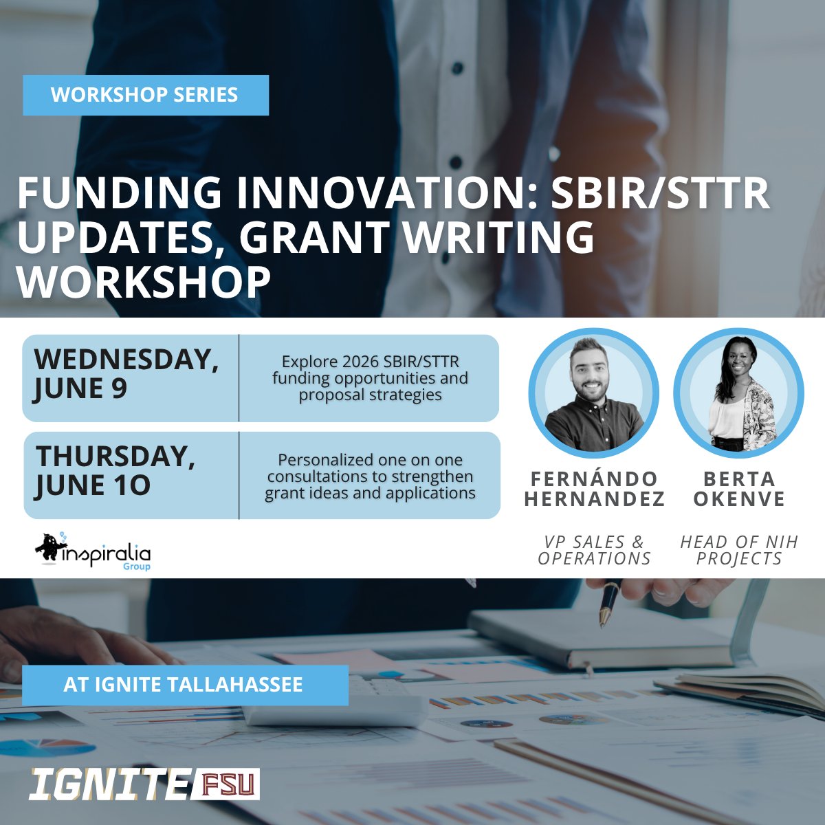 IGNITEFSU's tweet photo. SBIR/STTR reauthorization is driving new momentum, now’s the time to act.

Join IGNITE and @InspiraliaGroup for a two-day, hands-on workshop to strengthen your strategy and compete more effectively.

RSVP: https://t.co/Fmib7m2cqw https://t.co/HN9AUHH3Ew