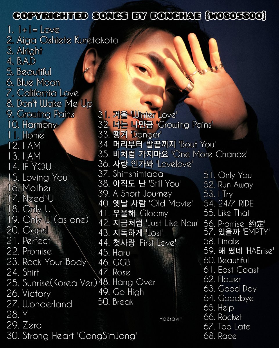 Songs List of Copyrighted Songs by Donghae 💙

▪︎Donghae's KOMCA ID [W0805800] | 68 Songs
📍Part 1 instagram.com/reel/DT0GBsZD1…
📍Part 2 instagram.com/reel/DXrUU4Ajx…

#SUPERJUNIOR #DONGHAE #동해 #슈퍼주니어 #이동해 #슈퍼주니어DnE #SuperJuniorDnE <a href="/donghae861015/">Super Junior 이동해</a>