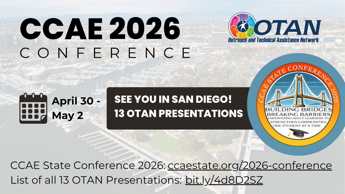 otan's tweet image. OTAN experts are presenting 13 sessions at #CCAE2026! Topics include AI, Canvas, accessibility, ESL, math tools &amp;amp; digital equity. bit.ly/4d8D2SZ

#AdultEd #OTAN #BuildingBridges