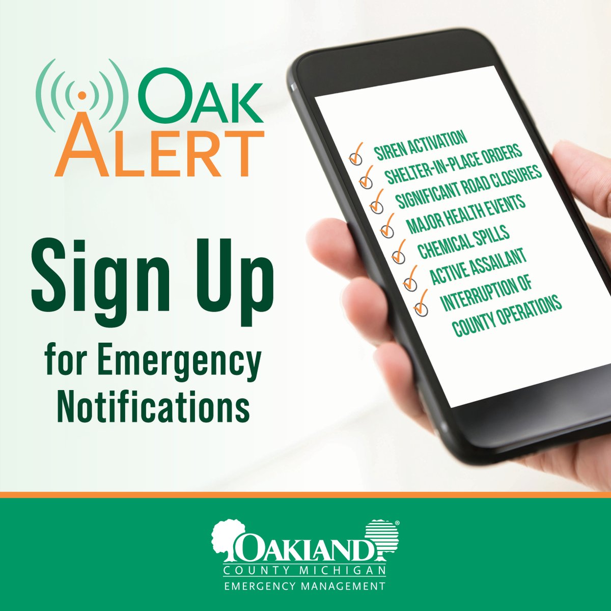 OakGovEM's tweet image. Stay informed with local emergency alerts. Sign up for #OakAlert Sign-up is free. OakAlert helps you stay informed about potential hazards and threats that could affect your area. ow.ly/tFmr50Xf5MN #OaklandCounty