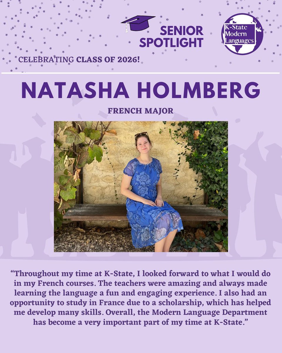 KStateModLangs's tweet image. ✨ Senior Spotlight ✨

Today we’re celebrating Natasha Holmberg! 💜

Throughout her time at K-State, Natasha found joy in her French courses, thanks to engaging classes and amazing professors. 

Congrats, Natasha! 🎓✨ #SeniorSpotlight #KState