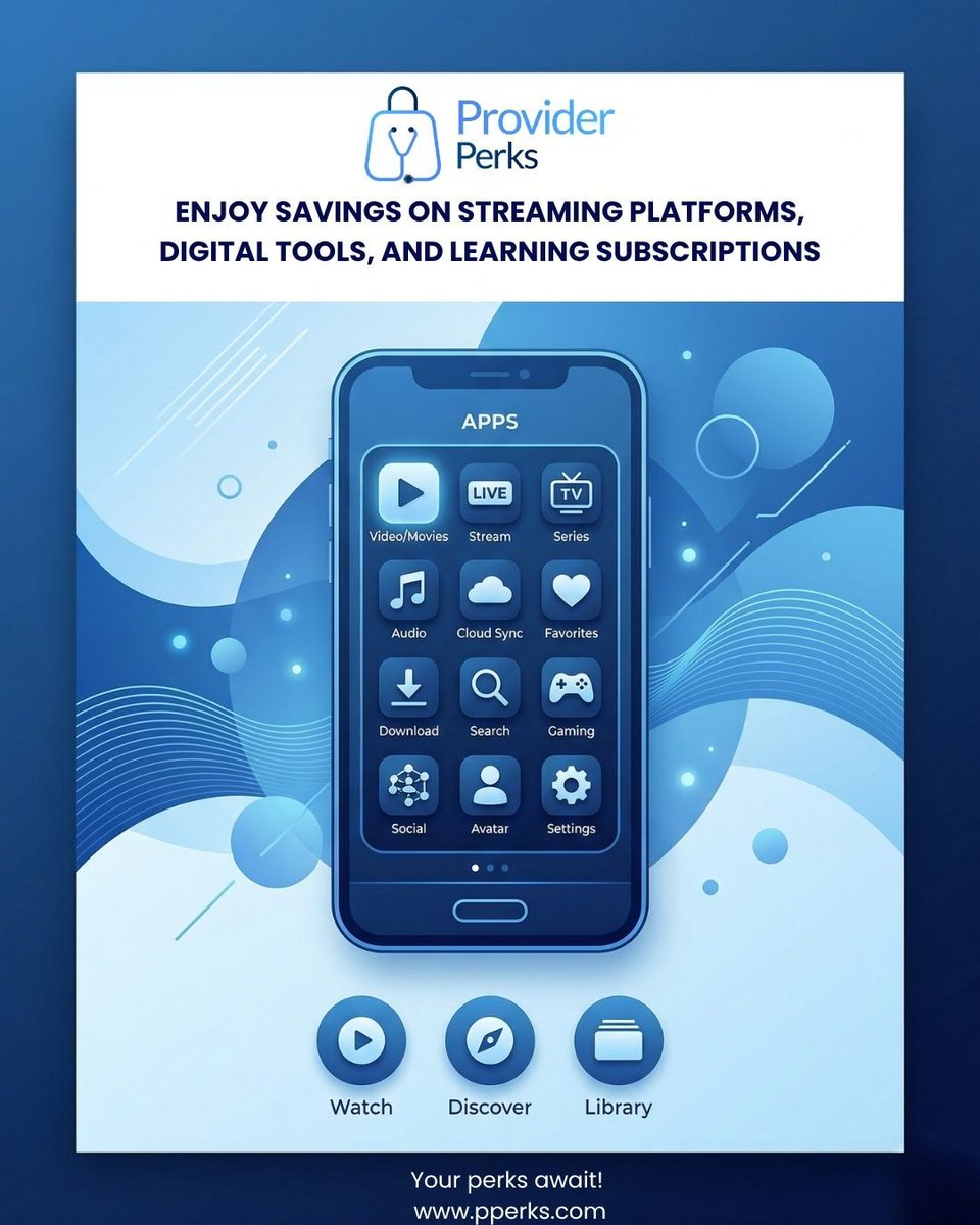 ProviderPerks's tweet photo. Your entertainment and professional growth, all in one place. Stream your favorite series, discover new music, and access premium learning subscriptions with exclusive member pricing. Digital convenience meets provider-only savings.

Website: https://t.co/5sRku88GY5 https://t.co/zPFPvdEqe4
