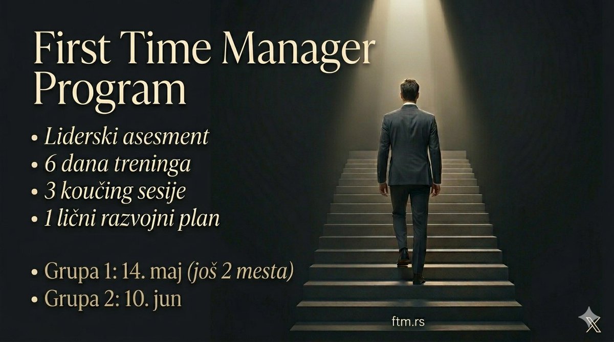 Mirkosam's tweet photo. Dugo sam radio na ovome.

First Time Manager Program — 90 dana. Pravi sistem. Prava podrška.

🔍 Liderski asesment 
📚 6 dana treninga 
🎯 3 koučing sesije 
📋 1 razvojni plan

📅 Grupa 1: 14. maj (još 2 mesta)
📅 Grupa 2: 10. jun

Broj mjesta je ograničen.
👉 https://t.co/dhvRI1X0zA