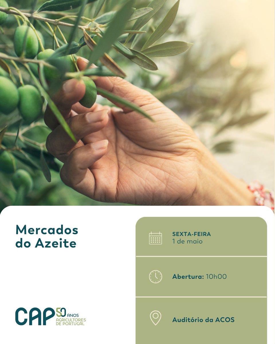 CAP_portugal's tweet image. 📅 O Presidente da CAP, Álvaro Mendonça e Moura, participará no colóquio “Mercados de Azeite”, promovido pela Associação Interprofissional da Fileira Olivícola.
#CAP
