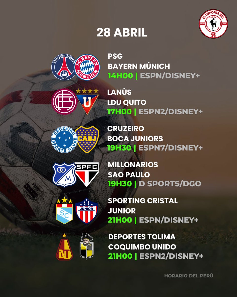 𝗔𝗴𝗲𝗻𝗱𝗮 𝗱𝗲 𝗳ú𝘁𝗯𝗼𝗹 | 𝗠𝗮𝗿𝘁𝗲𝘀 ⚽️
Arrancan las semifinales de la Champions y sigue la acción en Libertadores y Sudamericana.
Martes de alto voltaje. 🔥

#UCL #Libertadores #Sudamericana