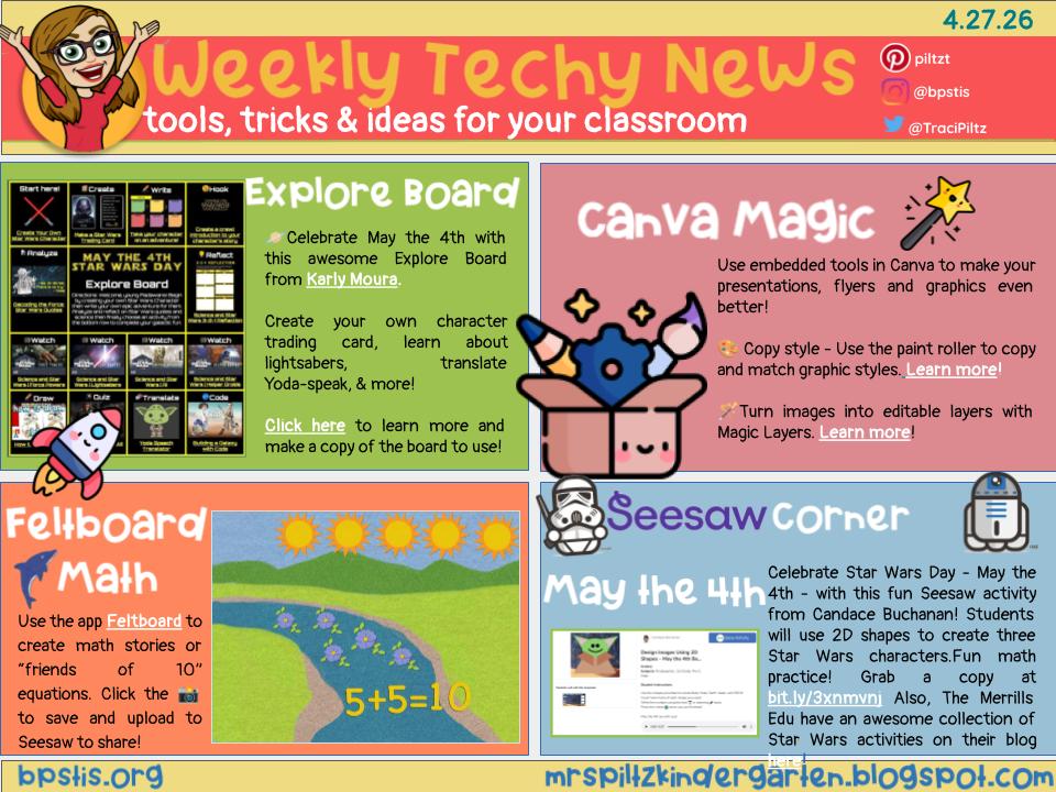 TraciPiltz's tweet photo. 📰Weekly Tech-y News
🚀Explore board from @KarlyMoura for May the 4th fun!
🪄New magic tricks in @CanvaEdu 
☀️Math stories with @SftwareSmoothie #Feltboard app
🟢Use shapes to make Yoda in @Seesaw 
➡️https://t.co/kzoIPSqO81 https://t.co/j0c7JCLzcW