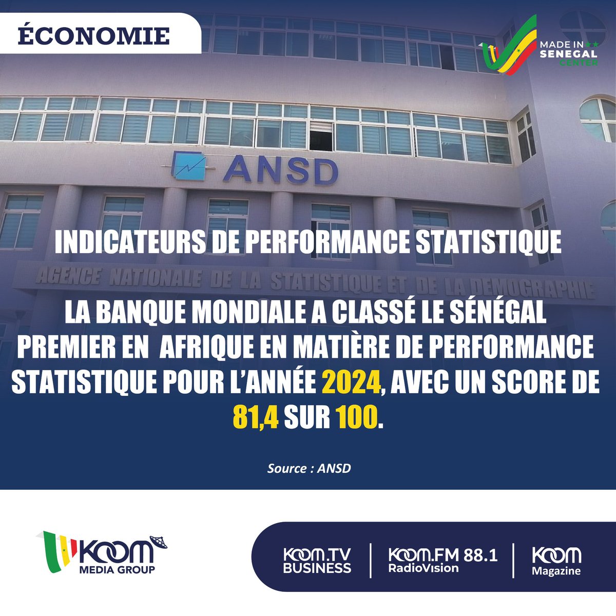 KoomMediaGroup's tweet image. Le Sénégal occupe la première place en Afrique avec un score de 81,4 sur 100 pour l’année 2024 au terme d’un classement des systèmes statistiques nationaux (SSN) de 188 pays .

Plus détails👉🏿 koom-media-group.misen.sn/articles/syste…

#ansd #SSN #senegal #BM
