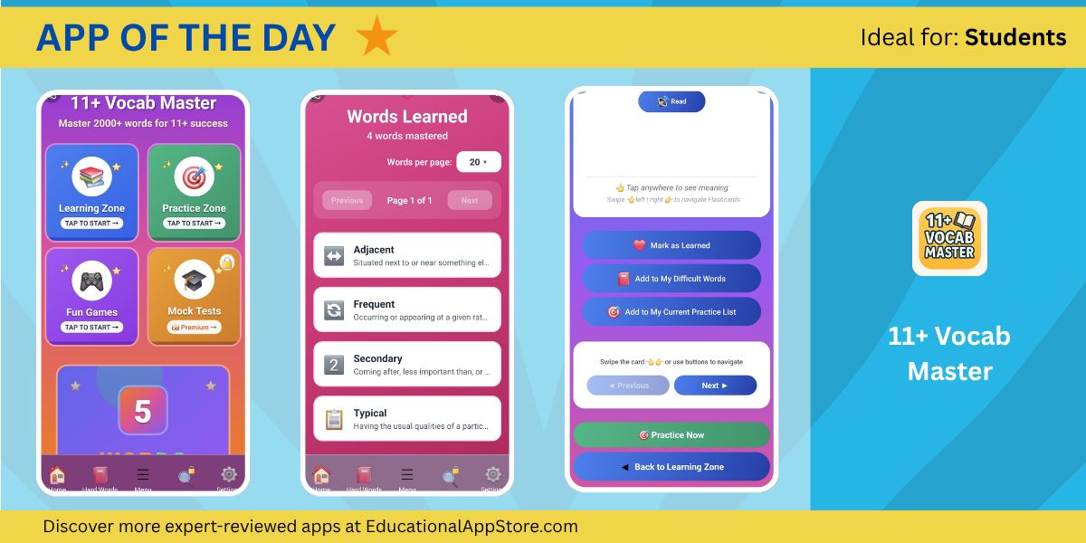 eduappstore's tweet photo. Boost your child’s 11+ exam success with 11+ Vocab Master!

✨ 2,000+ essential words
🎯 Daily targets &amp; quizzes
🔊 Audio pronunciation
📊 Track real progress

Perfect for ages 8-11, preparing for school exams. Download now - https://t.co/whOgrTikdl 

#11plus #Apps #EdTech https://t.co/OTjFJ1cCWr