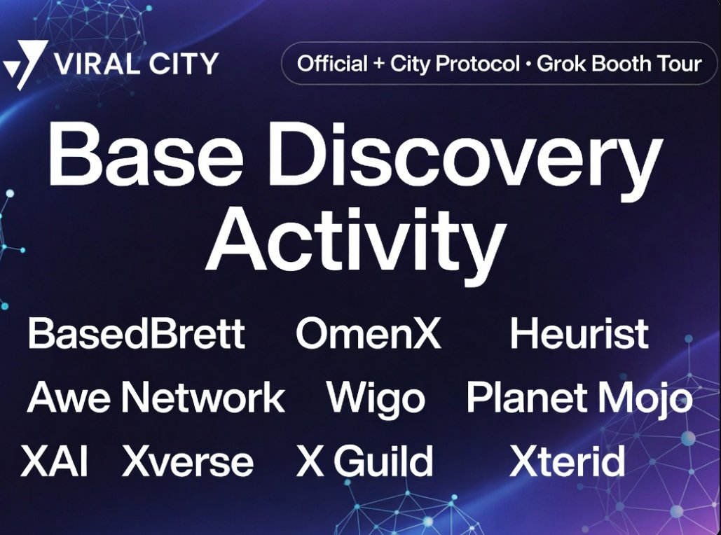 最近 @Base 上有个挺有意思的活动 👀

官方和 City Protocol 一起搞的 Discovery 活动，一口气串了 11 个原生项目（BasedBrett、OmenX、Heurist、Awe Network 等等）。

主要就是在 Viral City 里面逛 Booth、做任务、发内容、冲 Mindshare。

我已经报名了几个，正在慢慢体验和研究中……