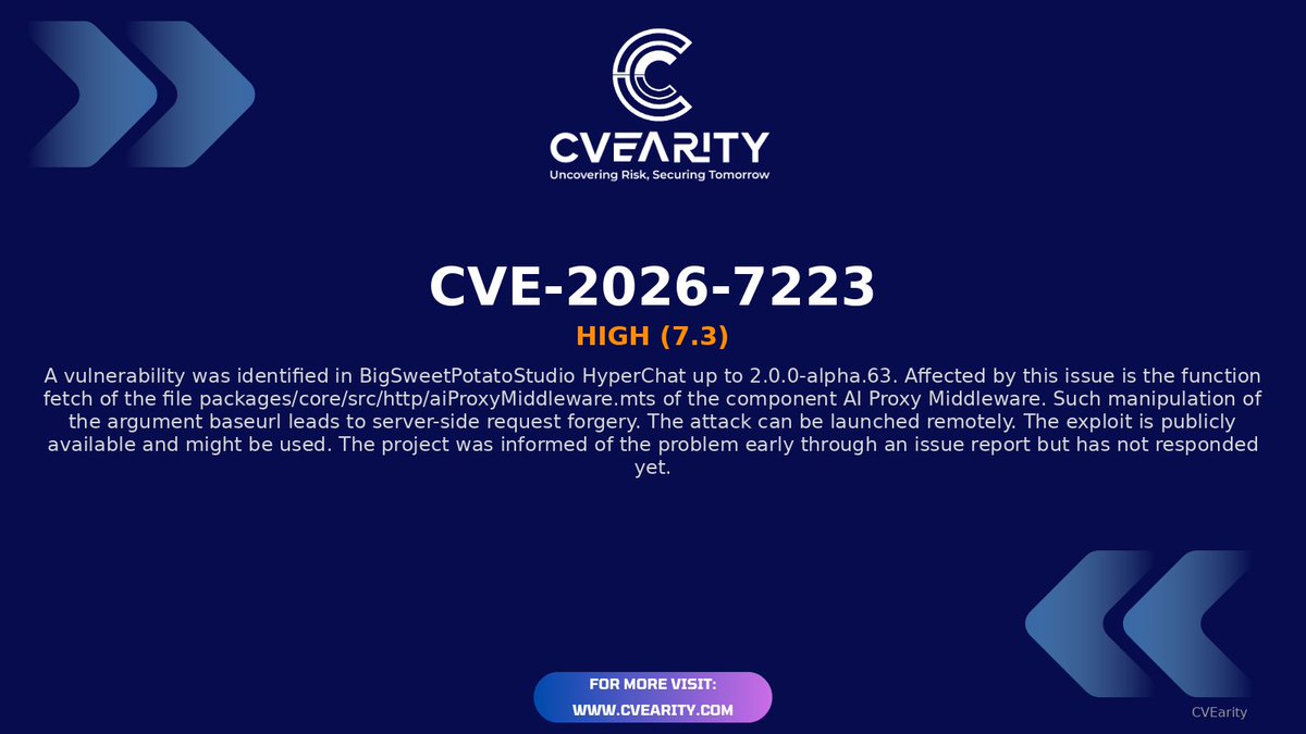 CVEarity's tweet image. ⚡ New CVE Alert: CVE-2026-7223
📊 Severity: 7.3
🚨 Risk Level: High
🧩 Affects: Multiple / Unspecified Products

Reference: nvd.nist.gov/vuln/detail/CV…

#CVE-2026-7223 #CVE #High  #CyberSecurity #InfoSec