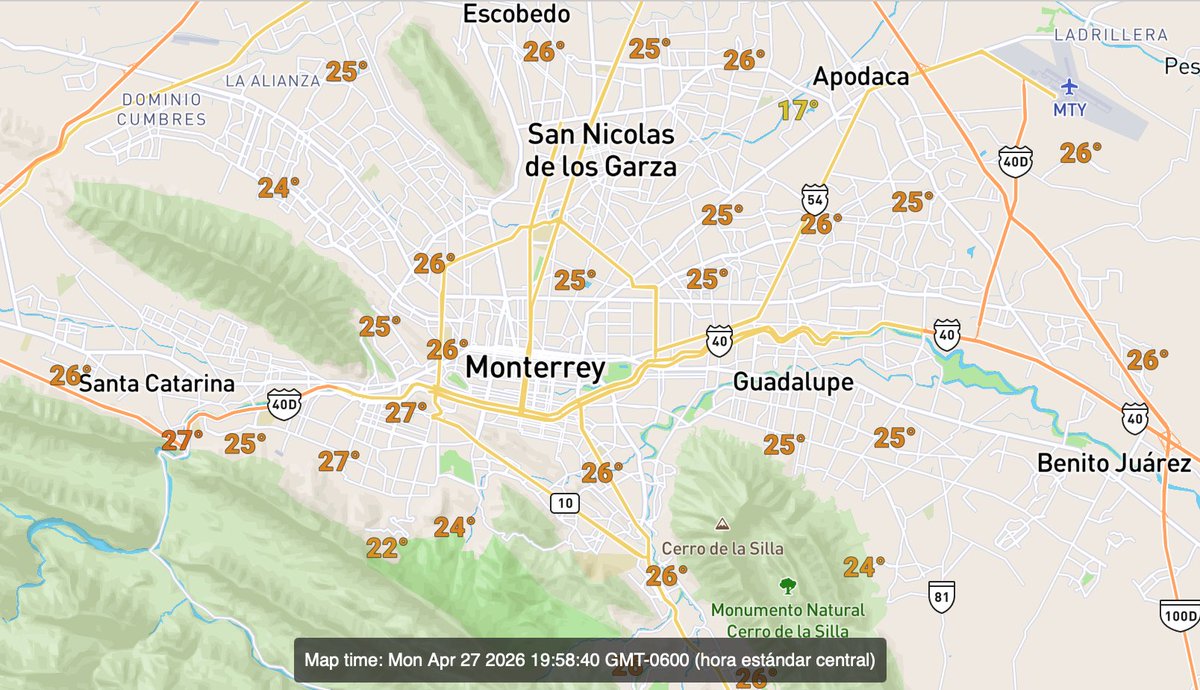MauroMoralesMtz's tweet image. Temperaturas elevadas desde el inicio de este martes, 25˚ a 26˚ en #Monterrey y su zona metropolitana. #Mala calidad del aire en #Universidad, 11 estaciones tienen #Aceptable y 3 marcan #Buena. Hoy se espera una máxima de 34˚ a 36˚ con sensacion de 39˚. Día muy #Bochornoso.