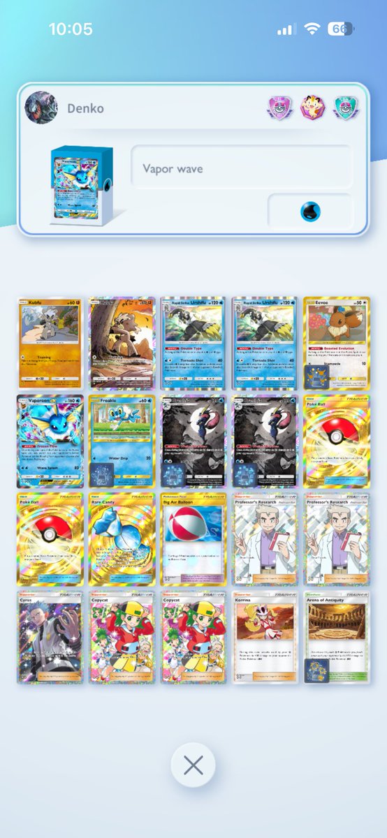 My take on Urshifu!

Whittle down the backrow and weaker mons with tornados and shurikens then use Vaporeon to close it out

#PokemonTCGPocket