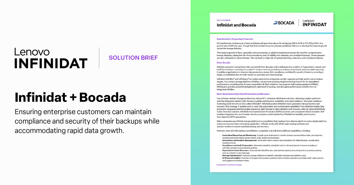 Infinidat's tweet image. Data growth is exploding, and backup complexity is growing with it.

See how Infinidat + @Bocada deliver centralized monitoring, AI-driven insights, and cyber-resilient backup storage.

Learn more: okt.to/M3gjba

#DataProtection #CyberResilience #Backup