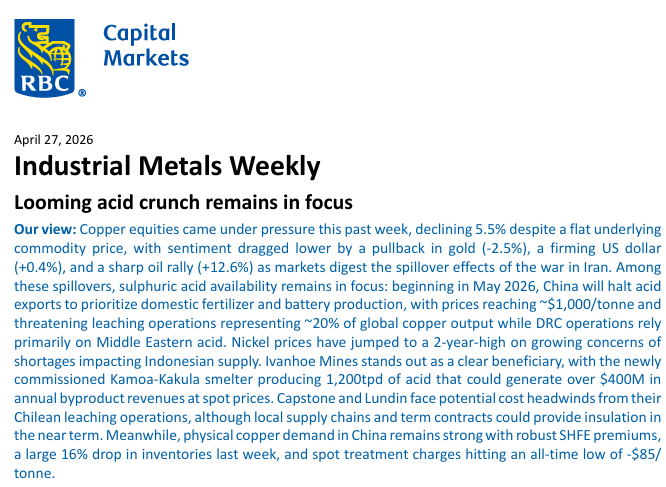 HoldcoMarkets's tweet image. With numerous base metals at or near multi-year highs, 
RBC highlights the sulphuric acid crunch affecting:
👉#copper $5.96/lb
👉#uranium $86/lb
👉#nickel #$19,275/mt

#mining #U3O8