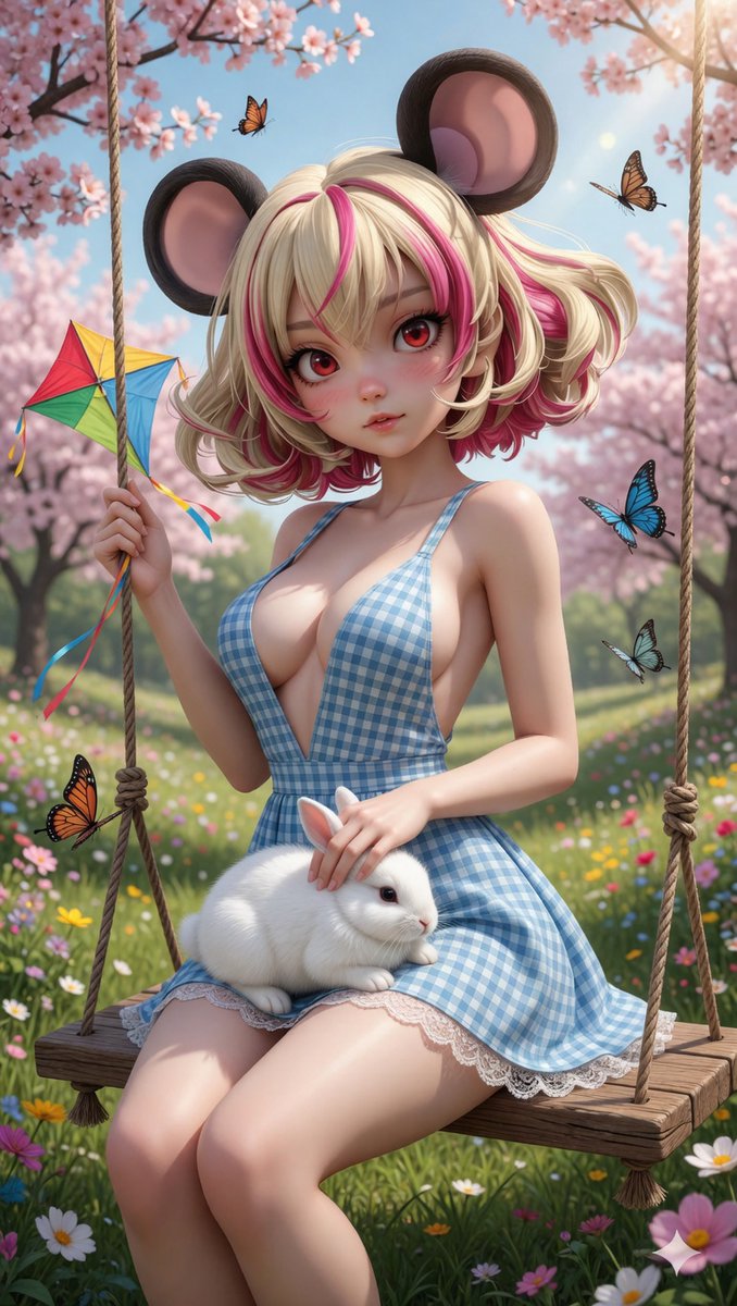 WaifuAI_Studio's tweet image. Spring vibes and sunshine! 🌸🦋 A relaxing afternoon on the swing with my fluffy little friend. Are you enjoying the beautiful weather outside too? 🪁✨

#animeart #springvibes #mousegirl #kemonomimi