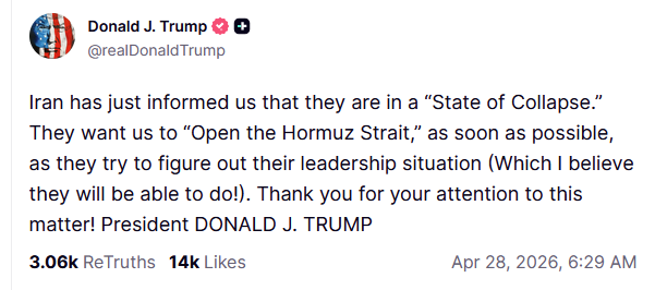 トランプ：イランから、同国が「崩壊状態」にあるとの連絡が今入った。彼らは指導部の状況整理に奔走している最中（私は彼らがこれを乗り切れると信じている！）であり、できるだけ早く「ホルムズ海峡を開放」してほしいと求めている。