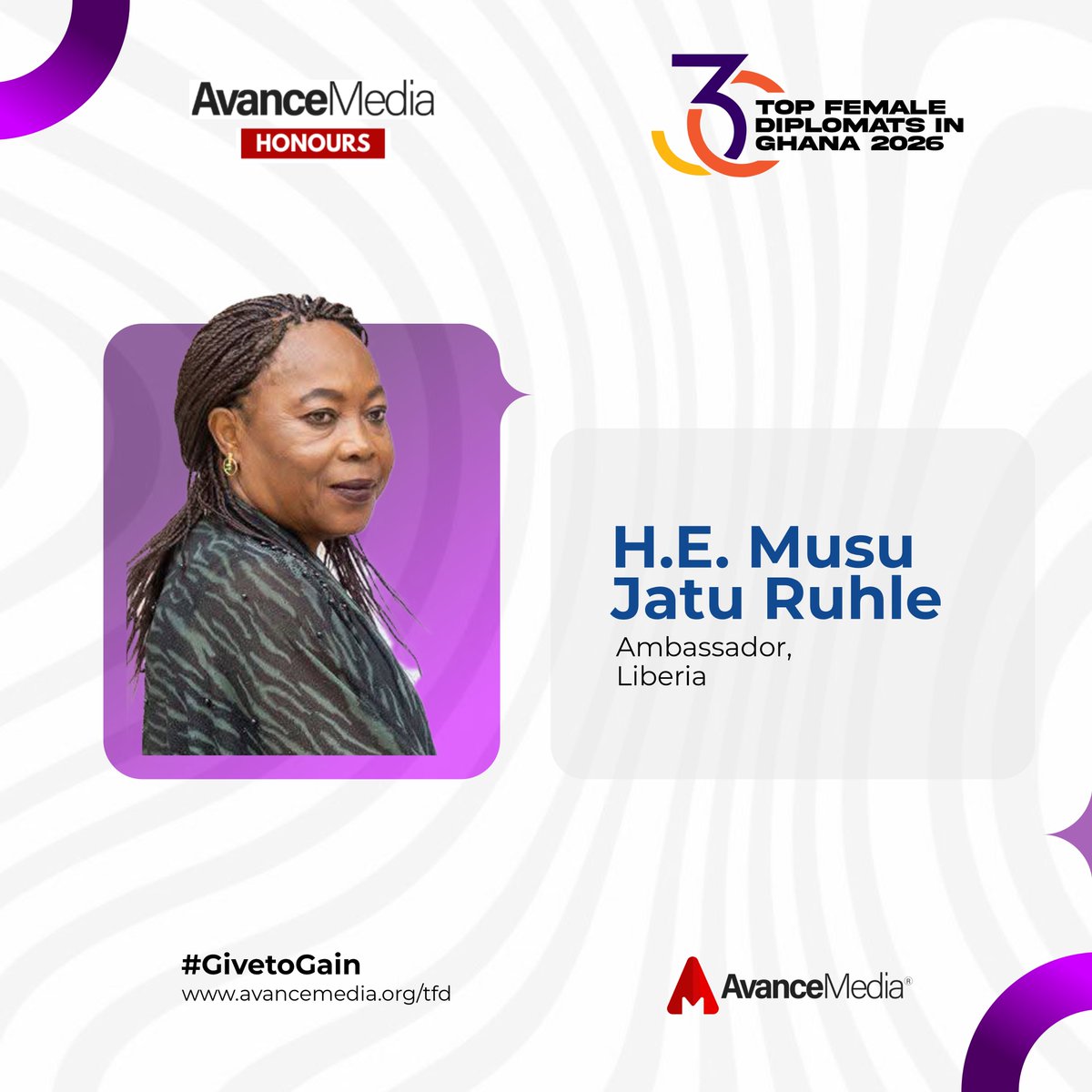 avancemedia's tweet photo. Top 30 Female Diplomats in Ghana 2026

H.E. Musu Jatu Ruhle || Ambassador, Liberia

H.E. Musu Jatu Ruhle strengthens diplomatic ties and cooperation between Liberia and Ghana.

🔗 More information: https://t.co/9oaR8PDvuf

#AvanceMedia #TopFemaleDiplomats #WomenInLeadership #Diplomacy #Ghana
