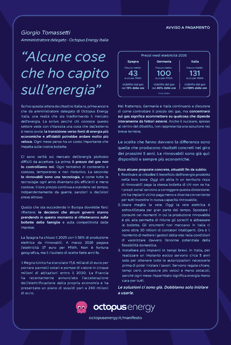 OctopusEnergyIT's tweet photo. Oggi Il Corriere della Sera esce con una lettera aperta del nostro CEO per un mercato dell’energia migliore. ⚡️️

Il confronto tra Italia, Spagna e Germania e possibili soluzioni per velocizzare la transizione verso un sistema energetico più sostenibile. 🐙

Leggila ora! 👇 https://t.co/qC0ZaowxYz