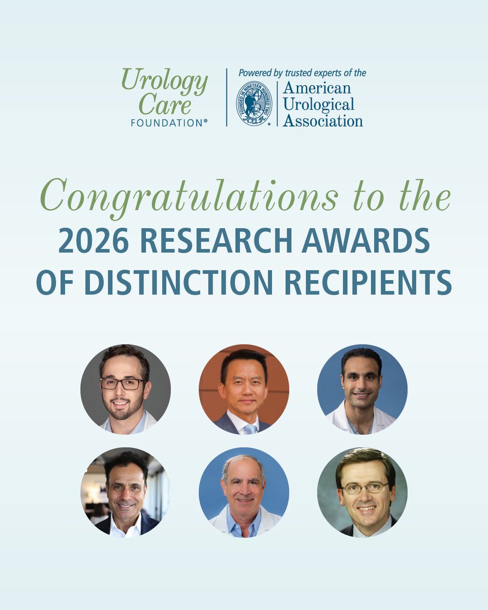 UrologyCareFdn's tweet image. We’re proud to announce the recipients of the 2026 Urology Care Foundation Research Awards of Distinction—leaders whose groundbreaking research, mentorship, and innovation are advancing urologic care and shaping the future of our field.

👏 Congratulations to all of this year’s