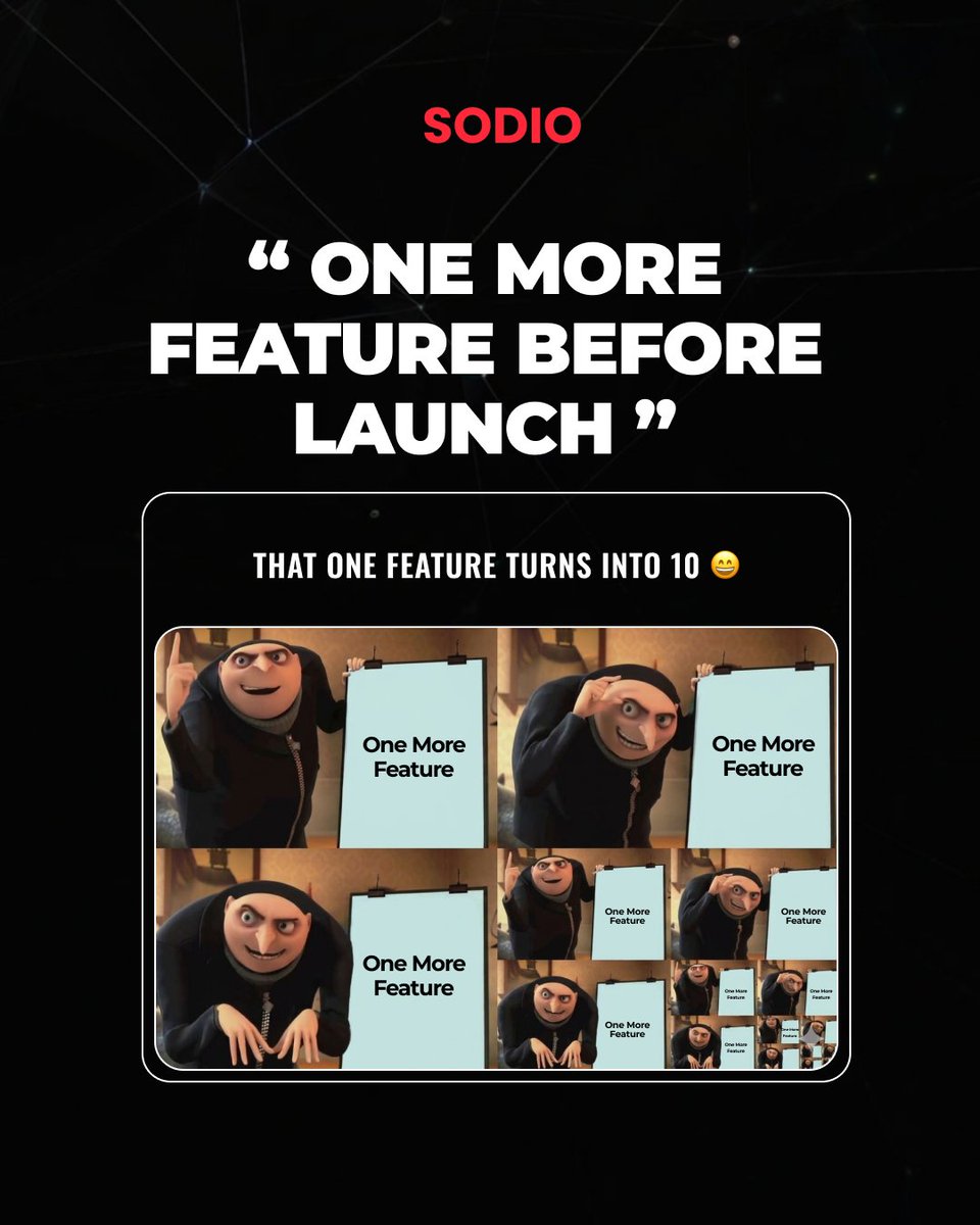 sodiotech's tweet image. “Just one more feature…” — every product team ever before a never-ending launch 😅
At this point, it’s not a roadmap… it’s a loop.Ship it or keep spiraling? 👀

#StartupLife #ProductDesign #UXDesign #UILife #TechHumor #BuildInPublic #ProductManagement #DesignLife