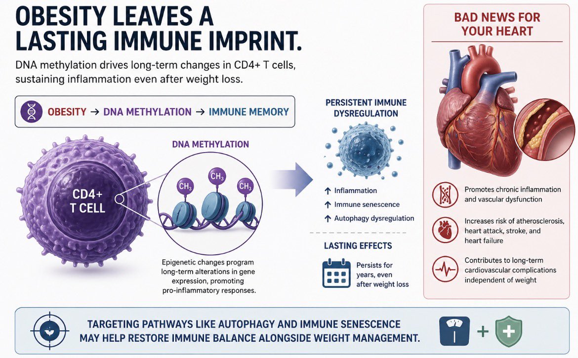 ZainKhalpey's tweet image. Obesity leaves a lasting immune imprint via DNA methylation in CD4+ T cells, sustaining inflammation even after weight loss and contributing to ongoing cardiovascular risk.

🔗 link.springer.com/article/10.103…

#MedTwitter #Immunology #Cardio #Epigenetics