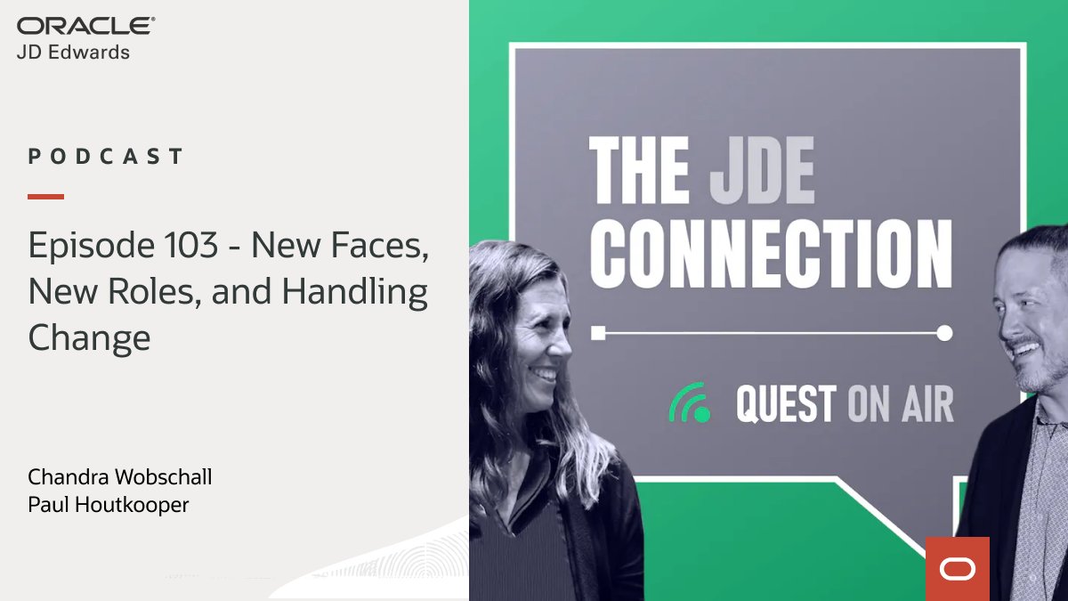 OracleJDEdwards's tweet image. Change fatigue is real, reminds us Oracle’s CJ Jeong in episode 103 of The JDE Connection. With him on the topic of handling change in the shifting technology landscape are #JDEdwards wizard David Bilthuis, and hosts Chandra and @Houty11: questoraclecommunity.org/learn/podcasts…

#TechPodcast