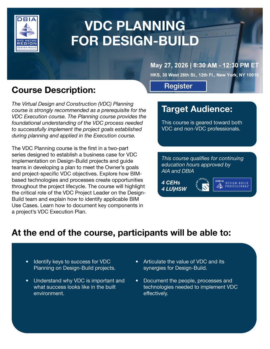 BrianSkripac's tweet image. There is still time to register for @DBIAnational's upcoming #VDC Planning for #DesignBuild education.dbia.org/products/2026-… and #VDC Execution for #DesignBuild  education.dbia.org/products/2026-… courses on May 27th in New York, NY #BIM #ConTech #Technology #Innovation