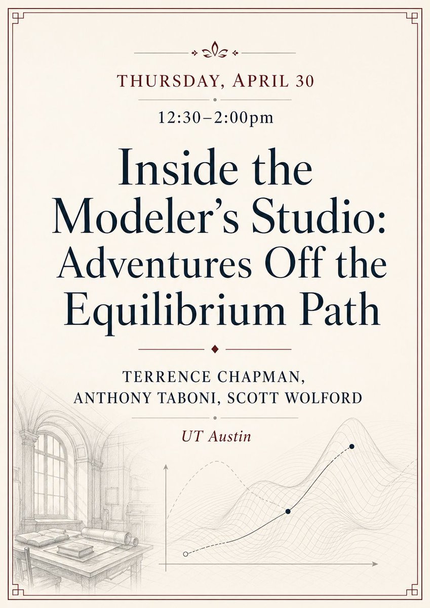 JerzakConnor's tweet photo. 📅 UT Austin Political Methodology Speaker Series

This Thursday, April 30th at 12:30pm Terry Chapman, Anthony Taboni & Scott Wolford present: <Inside the Modeler’s Studio: Adventures Off the Equilibrium Path>

📍 Batt 5.108

Add to your calendar:
• Google: https://t.co/ARtAe4BrWa
• Outlook: https://t.co/xmOGy5MoTl