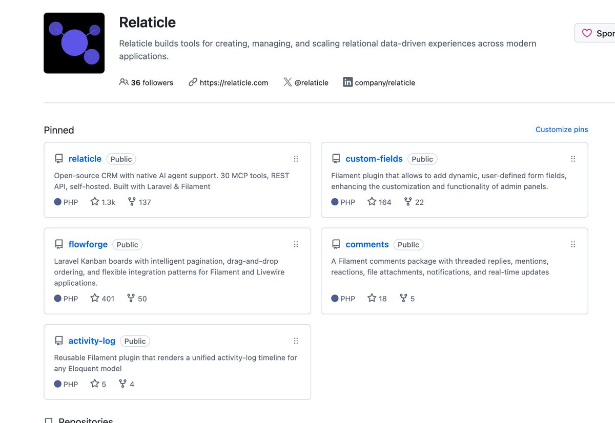 MinasyanManuk's tweet photo. @Relaticle  ecosystem is growing 🚀

CRM, Custom Fields, Flowforge, Comments, Activity Log… all coming together.

What’s next? https://t.co/bI5JnxlgTL