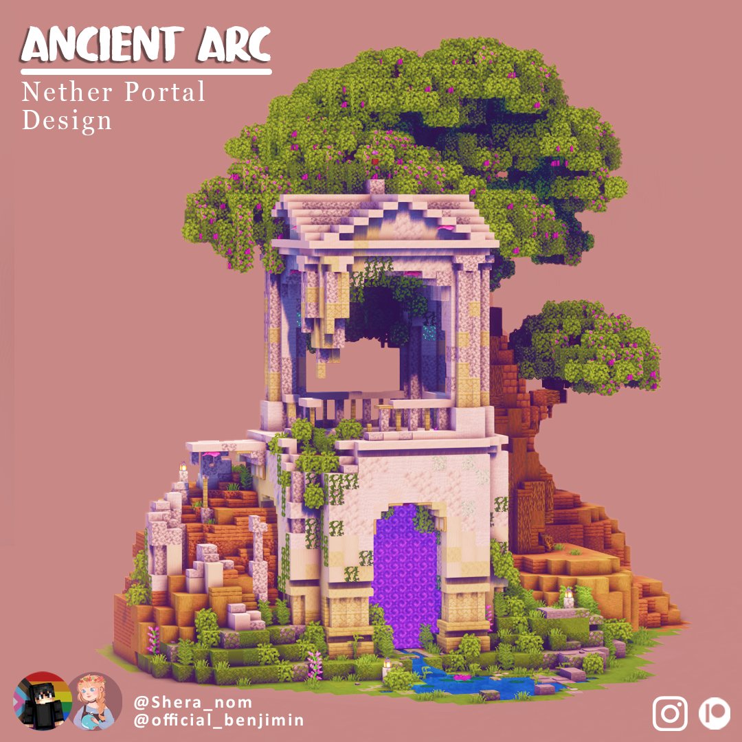 Shera_nom's tweet image. Ancient Arc - Nether Portal Design. I love how overgrown and ruined it looks. 
☀️Like and follow for more!    
📷 Download 2D tutorial PDF ( link in bio )  #Minecraftbuilds #minecraft建築コミュ #Minecraft #minecraftart