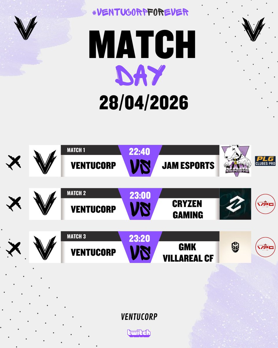 VentuCorp's tweet image. 🎮MATCHDAY FC26🎮
📅28/04/2026

✈️22:40 vs @JAM_eSports 
🏆@PLG_Spain 
 
✈️23:00 vs @CryZeNGaming  
🏆@VPG_Spain 

✈️23:20 vs @TeamGMask 
🏆@VPG_Spain

Vamos a por otra noche de juego!💪

📺 twitch.tv/ventucorp

#VentuCorpForever #FC26 #ClubesPro #Esports