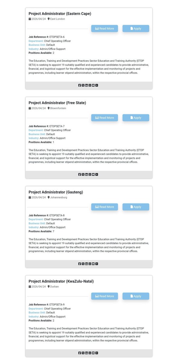 CarolBoitumelo1's tweet photo. 📌Project Administrator x19 posts 

ETDP SETA
Location: All Provinces 

Closing Date 04 May 2026

Link to Apply: https://t.co/yIOMlxdNyM https://t.co/6mfGUN7f2u
