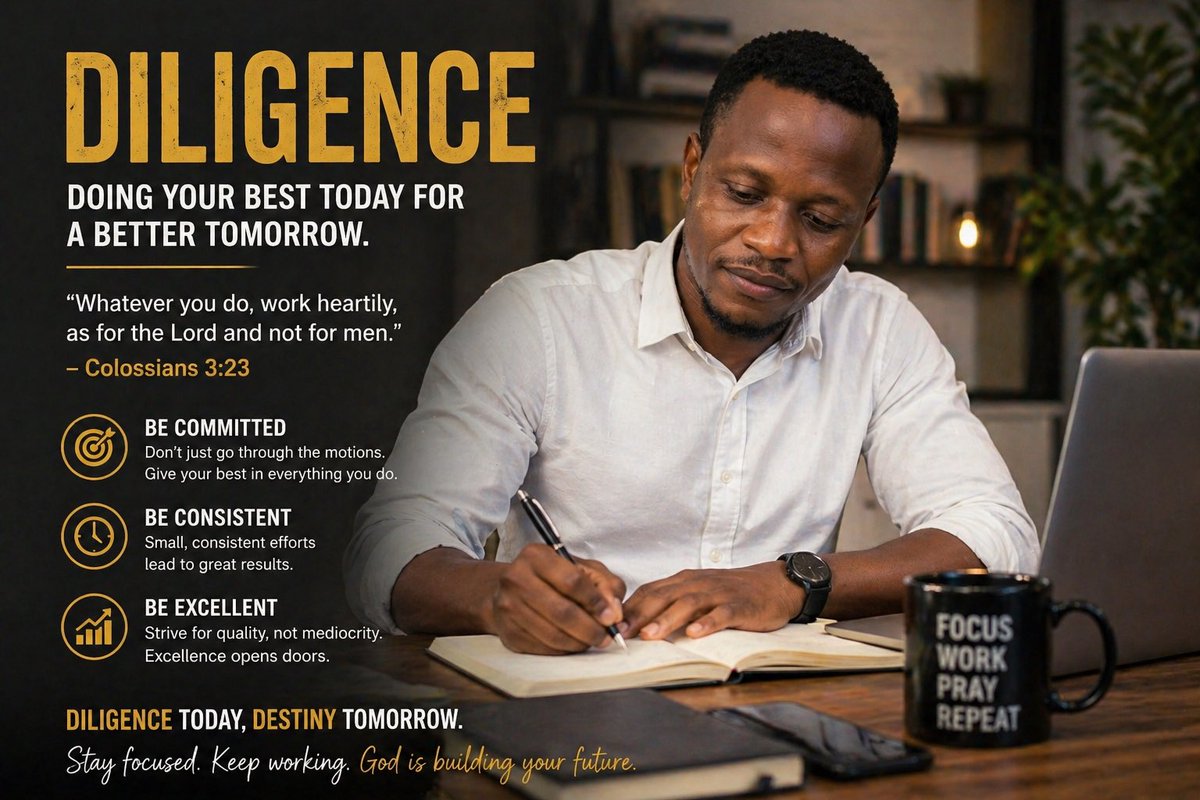 Thobesky1's tweet photo. Diligence isn’t flashy but it’s powerful. 💪

Let me ask you…
Are you consistent when no one is watching?
Do you still show up when motivation is gone?

Because real growth doesn’t come from hype, it comes from discipline.

Proverbs 22:29 says… show more https://t.co/YHbLWjX895