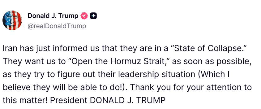 JK247News's tweet image. US President, #DonaldTrump posts, "Iran has just informed us that they are in a “State of Collapse.” They want us to “Open the Hormuz Strait,” as soon as possible, as they try to figure out their leadership situation (Which I believe they will be able to do!). Thank you for your