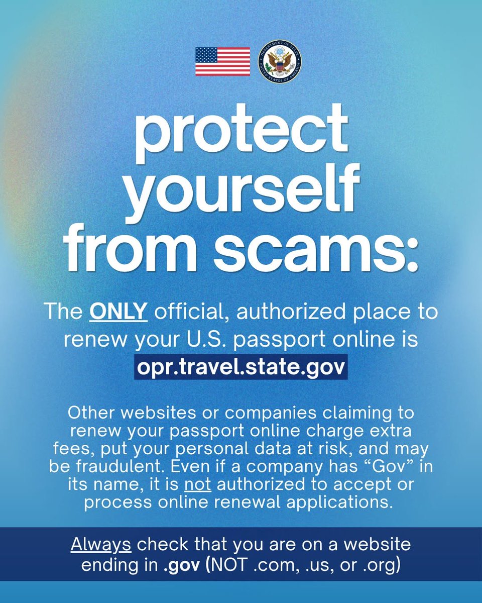 klassiqueTrave1's tweet image. Don't get scammed on your next passport renewal. 🚨
​There is only one official, authorized website to renew your U.S. passport online: opr.travel.state.gov.

📽:@travelgov

#tuesdaytips
#traveltuesday
#traveltips
#america
#klassiquetravels