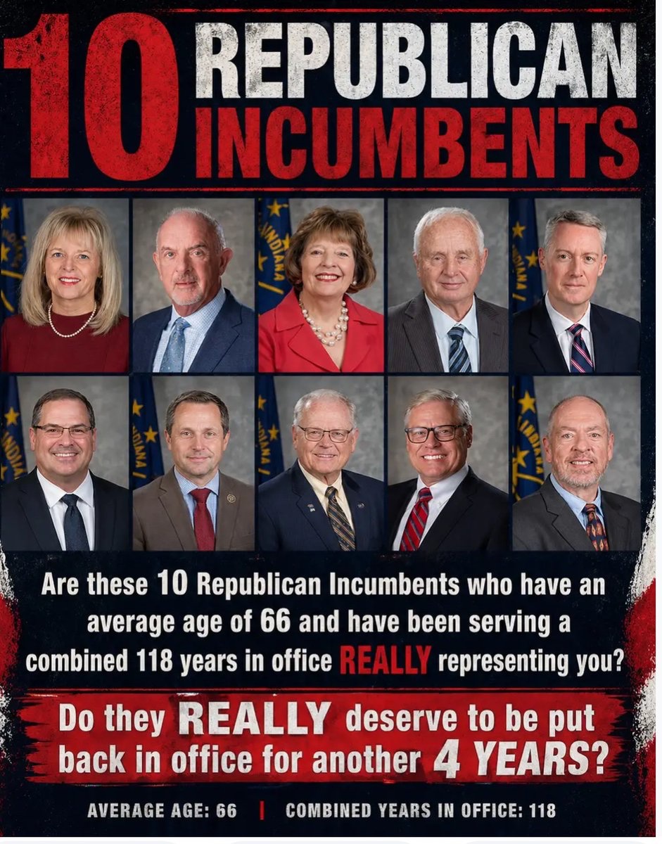 KColbertReport's tweet photo. INDIANA

It’s now 7 days until Primary Election Day in Indiana.

Tuesday, May 5, 2026.

Yes, early voting has already been available for a couple of weeks.

But history shows what we all know is true: these final 7 days are when most voters finally start paying attention.

So now is the time to look past the glossy mailers, polished slogans, and “conservative Republican” labels — and look at the actual record.

Ron Alting.
Jim Buck.
Travis Holdman.
Liz Brown.
Rick Niemeyer.
Linda Rogers.
Dan Dernulc.
Spencer Deery.
Greg Goode.
Greg Walker.

These 10 Republican incumbents have an average age of roughly 66 and have served a combined 118+ years in the Indiana Senate.

The question is simple:

Are they actually representing grassroots Republican voters?
Or are they being protected by the same Senate establishment that wants to keep power exactly where it is?
Look at the pattern.

Ron Alting has served in the Indiana Senate for nearly three decades.

Greg Walker has served for nearly two decades.

Jim Buck and Travis Holdman have each served roughly 17–18 years in the Senate.

Liz Brown and Rick Niemeyer have each served for more than a decade.

Linda Rogers has been there for several years.

And even the newer incumbents — Dan Dernulc, Spencer Deery, and Greg Goode — are already being backed by major establishment and caucus support.

That is the real issue.

This is not just about age.

This is not just about years in office.

This is about power, protection, and whether the Republican grassroots still have a voice.

Eight of these ten Republican incumbents opposed the Trump-backed redistricting effort:

Dan Dernulc
Rick Niemeyer
Linda Rogers
Travis Holdman
Jim Buck
Spencer Deery
Greg Goode
Greg Walker

Then many of these same incumbents were protected by Senate caucus money, PAC money, insider money, and establishment support against conservative primary challengers.
That should tell voters something.

When grassroots Republicans wanted stronger action, too many of these incumbents sided with caution, insiders, or the political status quo.

When taxpayers wanted real relief, some of these incumbents supported or enabled tolling authority, tax credits, subsidies, grant programs, fee structures, or weak tax-relief plans.

When conservatives wanted smaller government, several supported policies that expanded public-health structures, created new state programs, grew bureaucracy, or picked winners and losers through special-interest tax incentives.

When voters wanted free-market leadership, too many records showed support for corporate welfare, film tax credits, data-center incentives, green-energy-style programs, carbon-sequestration schemes, and other government-managed economic favoritism.

When parents and social conservatives wanted strong leadership, there were failures or questionable votes on issues like girls’ sports, religious instruction, anti-DEI legislation, immigration enforcement, and pro-life policy.

When Second Amendment voters wanted constitutional carry moved forward, Liz Brown’s Judiciary Committee did not move the House-passed bill before the deadline.

When gun-rights voters looked at Greg Walker’s record, they saw a vote against permitless carry.

When election-integrity conservatives looked at Greg Walker’s record, they saw a vote against election-integrity legislation.

When pro-life voters looked at Ron Alting’s record, they saw a vote against Indiana’s major post-Dobbs abortion restriction.

When anti-DEI conservatives looked at Greg Goode’s record, they saw a vote against anti-DEI legislation.

When religious-liberty conservatives looked at Dan Dernulc’s record, they saw a vote against religious-instruction access.

And when Trump-aligned Republican voters looked at the 2025 redistricting fight, they saw eight of these ten incumbents stand against the effort.

Again, this is not about one vote.
It is about a pattern.

A pattern of long tenure.

A pattern of establishment protection.

A pattern of PAC funding.

A pattern of business, banking, real estate, housing, labor, utility, legal, and insider campaign support.

A pattern of Republican incumbents saying the right things at election time while too often voting with the system once they are safely back in office.

These final 7 days matter.

This is when voters start asking questions.
This is when records matter.

This is when grassroots conservatives need to look closely at who is funding these incumbents, who is protecting them, and whether their votes actually match their campaign promises.

Indiana conservatives should be asking:

Who fought for real property tax reform?
Who stood for parental rights?
Who defended girls’ sports?
Who protected religious liberty?
Who backed pro-life values?
Who defended the Second Amendment?
Who stood against DEI?
Who fought for election integrity?
Who opposed corporate welfare?
Who fought for limited government?
Who protected taxpayers?
Who stood with grassroots Republican voters when it actually mattered?
And who sided with the establishment?

The question every voter should ask before May 5 is simple:

After all these years in office, who are these incumbents really representing?

Are they representing you?

Or are they representing the Senate establishment, PAC donors, lobbyist-connected interests, banking interests, real estate interests, business groups, labor PACs, and political insiders who are funding and protecting them?

Indiana does not need more protected incumbents.

Indiana needs conservative fighters.

Seven days.

Pay attention.

Check the record.

Then vote like it matters.

DO YOUR OWN RESEARCH!!  This should help get you started https://t.co/kqzRDXBtN2

@INGOP @sarahofindiana @INFREEDOMCAUCUS @LGMicahBeckwith @MicahBeckwith @GovBraun @RBagsbyIndiana @Trevor4indiana @BrendaWilsonIN @LizBrownUS @AGToddRokita @brenda_swi