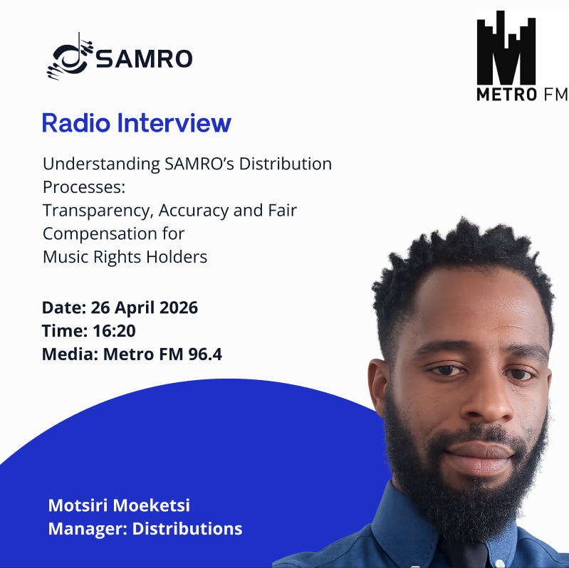 SAMROMusic's tweet image. Tune in to @METROFMSA at 16:20 as our Manager in Distributions Motsiri Moeketsi, breaks down how royalties are calculated and paid out, while unpacking the role of cue sheets, music usage reporting, and transparent royalty payments for members.

#SAMRO #Royalties #MusicRights