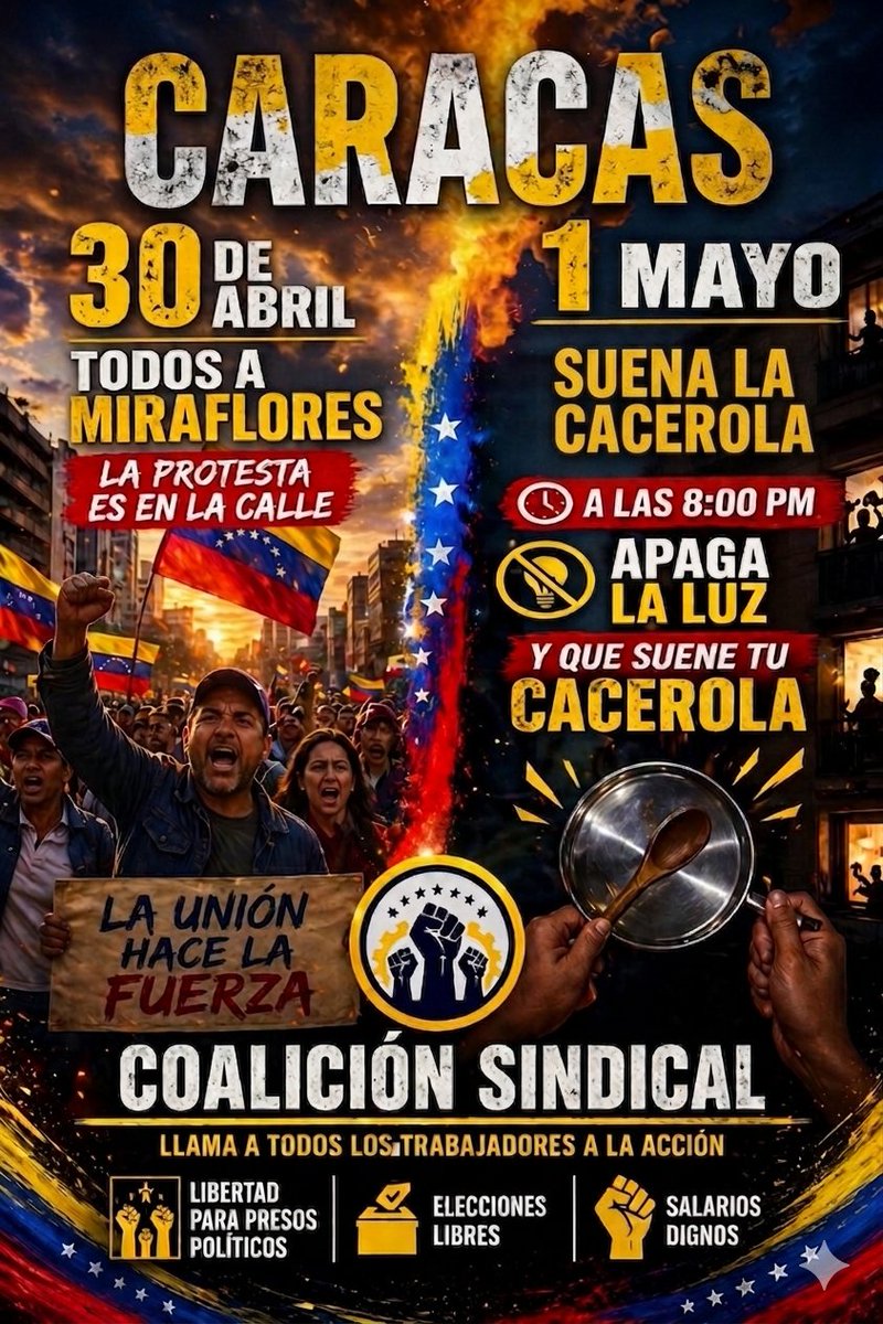 ‼️RUTA DE PROTESTAS‼️🇻🇪📣
⚠️30 DE ABRIL: Movilización hacía Miraflores, saliendo de la Plza Morelos, 9:00am
🆘️1 MAYO: Toda Venezuela Marcha en cada región del país. Protestas masiva.
⚠️ 1 MAYO 8:00PM: CACEROLAZO , apaga la luz y que retumben las CACEROLAS en todo el país.