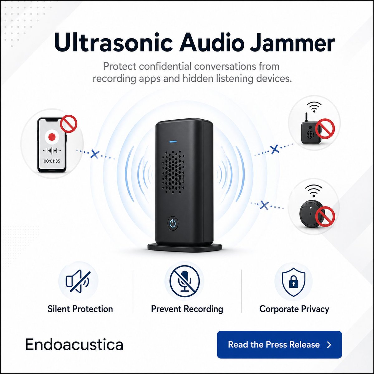 Microspieonline's tweet image. Secrets stay secret. 🤫 Endoacustica unveils new ultrasonic technology to protect boardrooms from smartphone recording. 📱

Check out the full release:
prlog.org/13142310-endoa…

#CorporateSecurity #Endoacustica #DataProtection #audiojammer